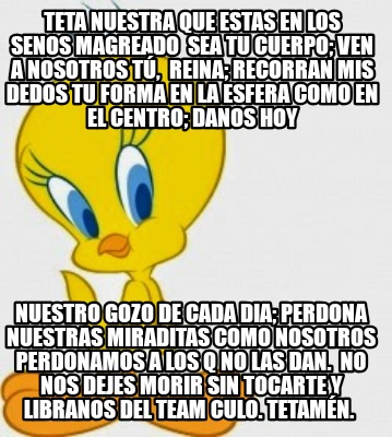 Meme Creator Funny Teta Nuestra Que Estas En Los Senos Magreado Sea