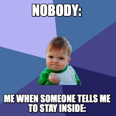 Meme Creator - Funny nobody: me when someone tells me to stay inside ...